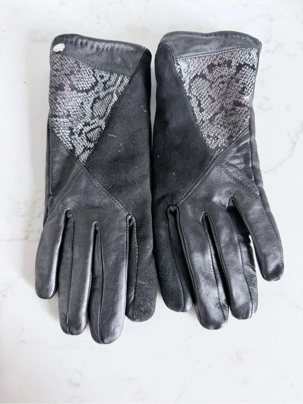 Leather and Suede Reptile-Accent Gloves - Black